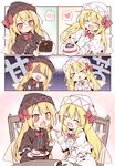  &gt;_&lt; 4koma asymmetrical_clothes baku-p black_capelet black_dress blonde_hair blush cake capelet chair closed_eyes comic dress eating fairy_wings feeding food fork giving hat heart highres holding lily_black lily_white long_hair multiple_girls open_mouth outstretched_arms plate red_eyes saliva shaded_face silent_comic sitting smile spoken_blush spoken_heart table tears touhou translated white_capelet white_dress wings yuri 