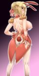  adapted_costume ahoge animal_ears arm_at_side ass back back-seamed_legwear backboob bare_back blonde_hair blush braided_bun breasts bunny_ears bunny_girl bunnysuit closed_mouth detached_collar dimples_of_venus epaulettes fake_animal_ears fake_tail fate/extra fate/grand_order fate_(series) feet_out_of_frame from_behind gradient gradient_background green_eyes hair_bun hair_intakes hair_ribbon hand_on_hip highres large_breasts legs_apart looking_back nero_claudius_(fate) nero_claudius_(fate)_(all) pantyhose profile purple_background red_ribbon ribbon seamed_legwear short_hair shoulder_blades smile solo standing tail white_legwear wrist_cuffs yoshi_tama 