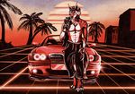  1980s 2018 anthro bandanna bmw bmw_330ci canine car clothed clothing gloves looking_at_viewer lupinemoonfeather male mammal outside palm_trees partially_clothed red_baron_(lupinemoonfeather) retro solo standing synthwave topless vehicle wolf 