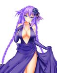  absurdres bare_shoulders blue_eyes blush braid breasts check_commentary commentary commentary_request dress elbow_gloves flower gloves hair_flower hair_ornament highres kyou large_breasts long_hair looking_at_viewer neptune_(series) power_symbol purple_dress purple_gloves purple_hair purple_heart side_slit simple_background skirt_hold smile solo string_panties symbol-shaped_pupils twin_braids twintails very_long_hair white_background 