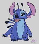  2017 4_arms 4_fingers alien antennae back_spines black_claws black_eyes black_nose blue_fur chest_tuft claws colored_sketch digital_drawing_(artwork) digital_media_(artwork) disney experiment_(species) fur grey_background head_tuft lilo_and_stitch multi_arm multi_limb notched_ear shawndeer simple_background solo stitch tongue tongue_out tuft watermark 