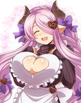  :d ^_^ after_paizuri afuro apron blush bow braid breast_suppress breasts brown_sweater button_gap closed_eyes cum cum_on_body cum_on_breasts cum_on_upper_body draph facing_viewer granblue_fantasy hair_bow hair_ornament hair_over_one_eye head_tilt heart heart_cutout heart_hair_ornament horns huge_breasts lavender_hair long_hair narmaya_(granblue_fantasy) open_mouth pointy_ears purple_bow ribbed_sweater sleeves_past_wrists smile solo sparkle sweater very_long_hair white_apron white_background 