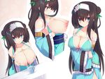  :/ blue_dress blue_eyes blush breast_milk breasts breasts_outside brown_hair collarbone covered_nipples cup double_bun dress eyebrows_visible_through_hair frilled_sleeves frills hair_between_eyes hairband highres huge_breasts lactation long_hair long_sleeves looking_at_viewer magatama mug multiple_views nipples obi parted_lips profile rinne_(sennen_sensou_aigis) sash see-through sennen_sensou_aigis spraying very_long_hair wide_sleeves yki 