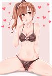  :q ass_visible_through_thighs bare_shoulders blush bra breasts brown_bra brown_eyes brown_hair brown_panties chocolate_on_breasts chocolate_on_fingers cleavage closed_mouth collarbone eyebrows_visible_through_hair highres idolmaster idolmaster_cinderella_girls igarashi_kyouko long_hair medium_breasts navel panties pink_background pinky_out shirushiru_(saitou888) side_ponytail simple_background sitting smile solo tongue tongue_out underwear underwear_only 