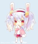  :o animal_ears animal_print azur_lane bangs blue_background blush bunny_ears bunny_print camisole chibi commentary eyebrows_visible_through_hair full_body grey_footwear hair_between_eyes hair_ornament hair_ribbon hairband jacket kouu_hiyoyo laffey_(azur_lane) long_hair long_sleeves open_clothes open_jacket open_mouth pink_jacket pleated_skirt red_eyes red_hairband red_skirt ribbon silver_hair skirt sleeves_past_fingers sleeves_past_wrists solo standing thighhighs twintails twitter_username white_camisole white_legwear 