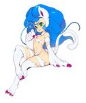  absurdres animal_ears blue_hair breasts cat_ears cat_tail claws felicia full_body fur green_eyes highres long_hair looking_away navel simple_background sitting slugbox small_breasts smile solo tail vampire_(game) white_background 