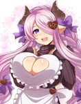  :d afuro apron blush bow braid breast_suppress breasts brown_sweater draph granblue_fantasy hair_bow hair_ornament hair_over_one_eye head_tilt heart heart_cutout heart_hair_ornament horns huge_breasts lavender_hair long_hair looking_at_viewer narmaya_(granblue_fantasy) open_mouth pointy_ears purple_bow purple_eyes ribbed_sweater sleeves_past_wrists smile solo sparkle sweater very_long_hair white_apron white_background 