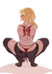  absurdres ass back back_tattoo backless_outfit bare_shoulders black_legwear blonde_hair braid brown_footwear command_spell commentary_request condom_wrapper fate/apocrypha fate_(series) full_body g-string hair_over_shoulder halterneck highres jeanne_d'arc_(fate) jeanne_d'arc_(fate)_(all) loafers long_hair looking_back panties pocket profile red_panties shadow shiny shiny_skin shirt shoes short_shorts shorts shoulder_blades simple_background single_braid solo spread_legs squatting tattoo thighhighs thighs thong ulrich_(tagaragakuin) underwear whale_tail white_background white_shirt 