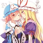  ? black_ribbon blonde_hair blush bow cheek_pinching choker commentary dress elbow_gloves food food_on_face frills from_side gloves gradient_eyes hair_between_eyes hat hat_ribbon holding holding_food japanese_clothes kimono lilith_(lilithchan) long_hair long_sleeves mob_cap multicolored multicolored_eyes multiple_girls obi one_eye_closed orange_eyes pinching pink_hair pout puffy_sleeves purple_dress red_ribbon revision ribbon ribbon_choker saigyouji_yuyuko sash short_hair short_sleeves simple_background squiggle touhou triangle_mouth triangular_headpiece upper_body white_gloves wide_sleeves yakumo_yukari 