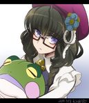  artist_name braid dated flower frilled_sleeves frills from_above glasses hat highres holding kiraki letterboxed long_hair long_sleeves looking_at_viewer prelati_(symphogear) purple_eyes senki_zesshou_symphogear solo stuffed_animal stuffed_toy twin_braids upper_body 