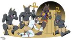  16:9 2016 5_fingers 5_toes aji anthro anubis black_nose blue_sclera brown_sclera canine clothed clothing deity digital_drawing_(artwork) digital_media_(artwork) drooling egyptian feet group hi_res jackal jewelry kneeling loincloth male male/male mammal mask open_mouth red_sclera rubber saliva shiny simple_background sitting slave toes tongue tongue_out topless white_background yellow_sclera 