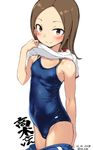  bare_arms bare_shoulders blue_shorts blue_swimsuit blush closed_mouth competition_school_swimsuit covered_navel covered_nipples cowboy_shot dated flat_chest forehead groin gym_shorts gym_uniform hand_up highres imazon karakai_jouzu_no_takagi-san long_hair looking_at_viewer one-piece_swimsuit shiny shiny_hair shirt shirt_lift shorts shorts_pull signature simple_background skin_tight skindentation smile solo standing swimsuit takagi-san undressing white_background white_shirt 