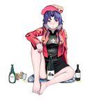  1girl alcohol beret blush bottle cap cross dress drunk feet jacket katsuragi_misato long_hair looking_away necklace neon_genesis_evangelion open_mouth pillow purple_hair sfyhere sitting uniform yellow_eyes 