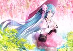  ajigo black_bow blue_eyes blue_hair blush bow cowboy_shot day floating_hair flower hair_between_eyes hair_bow hair_flower hair_ornament hatsune_miku high-waist_skirt holding holding_umbrella long_hair melt_(vocaloid) outdoors pink_flower pink_skirt pink_umbrella rain shirt skirt solo standing twintails umbrella very_long_hair vocaloid white_shirt wrist_cuffs 