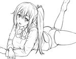  ass breasts buruma greyscale hair_between_eyes hair_ribbon kawakami_mai large_breasts lineart long_hair looking_at_viewer lying mole mole_under_eye monochrome musaigen_no_phantom_world nigou on_stomach open_mouth ribbon school_uniform side_ponytail simple_background solo white_background 