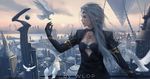  arch artist_name bird breasts building chain circlet cleavage cloud dove elf facial_mark feather_trim floating flying highres landing long_hair medium_breasts original pointy_ears profile silver_hair sky skyscraper sunset wind wings wlop 