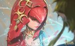  1girl downcast_eyes eyelashes fish_girl gorget hair_ornament hair_over_one_eye highres link lips long_hair mipha monster_girl multicolored multicolored_skin no_eyebrows red_hair red_skin sad solo_focus the_legend_of_zelda the_legend_of_zelda:_breath_of_the_wild white_skin wlop yellow_eyes zora 