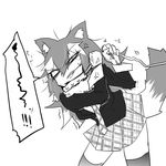  anger_vein angry animal_ears clenched_teeth collar eri_(yangyang_nickbow) eyebrows_visible_through_hair fur_collar grey_wolf_(kemono_friends) greyscale kemono_friends leash long_hair monochrome multicolored_hair necktie plaid plaid_skirt pleated_skirt skirt solo tail teeth thighhighs uneven_eyes wolf_ears wolf_tail 