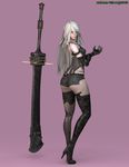  1girl 3d ass back black_clothes blue_eyes boots giant_sword gloves heels high_heels hips legs long_hair looking_at_viewer looking_back nier_automata simple_background solo sword the_majestic thick_thighs thighs white_hair wide_hips yorha_type_a_no._2 