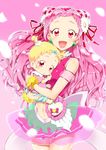  :d :o baby back_bow blonde_hair bow cowboy_shot cure_yell double_bun earrings flower hair_flower hair_ornament hair_ribbon heart heart_hair_ornament hug-tan_(precure) hugtto!_precure jewelry layered_skirt long_hair looking_at_viewer magical_girl midriff multiple_girls navel nono_hana open_mouth petals pink_background pink_hair pink_shirt pink_skirt precure red_eyes red_ribbon ribbon shirt short_hair short_twintails simple_background skirt sleeveless sleeveless_shirt smile twintails wrist_cuffs yuto_(dialique) 