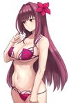  bikini breasts cowboy_shot fate/grand_order fate_(series) flower hair_flower hair_ornament hair_twirling hibiscus large_breasts long_hair looking_away michihasu navel purple_bikini purple_hair red_eyes scathach_(fate)_(all) scathach_(swimsuit_assassin)_(fate) simple_background solo standing swimsuit white_background 