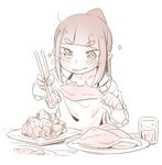  1girl :t akari_(raigou) bangs blunt_bangs blush chopsticks closed_mouth collarbone cup drink drinking_glass eyebrows_visible_through_hair fingernails food food_request high_ponytail holding holding_chopsticks holding_food long_hair long_sleeves looking_away looking_down monochrome original plate ponytail raigou sepia solo sparkle sweat sweater thick_eyebrows tongue tongue_out v-shaped_eyebrows 
