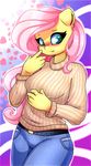  2018 absurd_res anthro blush breasts clothed clothing digital_media_(artwork) equine female fluttershy_(mlp) friendship_is_magic hair hi_res jeans long_hair madacon mammal my_little_pony pants pink_hair solo turtleneck 
