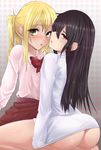  aihara_mei aihara_yuzu ass black_hair blonde_hair blush bottomless citrus_(saburouta) gradient gradient_background green_eyes highres looking_at_viewer multiple_girls naked_shirt no_panties open_mouth polka_dot polka_dot_background purple_eyes shirt simple_background user_vsdh3725 yuri 