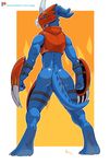  anthro armor blue_scales butt claws clothing digimon dragon fire flamedramon horn looking_at_viewer looking_back male muscular negger nude paws pecs red_eyes scales scalie simple_background solo standing 