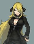 absurdres arm_at_side black_coat blonde_hair breasts cleavage closed_mouth coat commentary_request fur_collar fur_trim hair_ornament hair_over_one_eye hand_on_hip highres large_breasts long_hair long_sleeves looking_at_viewer matinmorgen pokemon pokemon_(game) pokemon_dppt shirona_(pokemon) smile solo standing upper_body very_long_hair yellow_eyes 