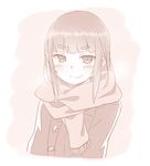  akari_(raigou) arms_at_sides bangs blunt_bangs blush closed_mouth eyebrows_visible_through_hair fringe_trim jacket long_hair long_sleeves looking_at_viewer monochrome original raigou scarf sepia sidelocks smile solo thick_eyebrows 