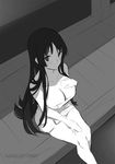  akiyama_mio black_hair blush breasts cleavage closed_mouth collarbone commentary dated eyebrows_visible_through_hair from_above greyscale hair_between_eyes hand_on_own_chest hand_on_own_thigh hime_cut k-on! large_breasts long_hair looking_at_viewer looking_up monochrome onsen sketch soaking_feet solo towel water zjm530280188 