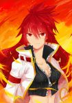  1girl blazing_heart_(elsword) breasts cleavage collarbone elesis_(elsword) elsword eyebrows_visible_through_hair floating_hair hair_between_eyes highres jacket kazuya_(lostnight) long_hair looking_at_viewer medium_breasts midriff navel red_eyes red_hair smile solo spiked_hair stomach upper_body very_long_hair white_jacket 