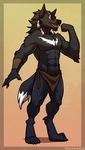  2018 anthro black_fur canine clothed clothing digital_media_(artwork) feathers flexing fur loincloth looking_at_viewer male mammal muscular open_mouth pecs simple_background smile solo sorakirbys topless white_fur wolf 