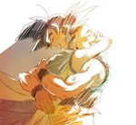  1girl bare_arms black_hair chi-chi_(dragon_ball) chinese_clothes closed_eyes commentary_request couple crying dirty dirty_clothes dirty_face dougi dragon_ball dragon_ball_super dragon_ball_z fingernails happy happy_tears hetero hug husband_and_wife open_mouth papiko_(haxa7258) short_hair simple_background sleeveless smile son_gokuu spiked_hair sunlight tears tied_hair white_background wristband 