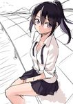  black_hair blouse breasts cleavage expressionless highres long_hair looking_at_viewer original ponytail purple_eyes rucchiifu school_uniform sketch small_breasts solo untied white_blouse 