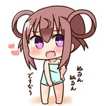  :d bangs barefoot blush brown_hair chibi collarbone commentary_request eyebrows_visible_through_hair fang full_body hair_between_eyes hair_rings hana_kazari head_tilt heart long_hair looking_at_viewer momochi_tamate naked_towel open_mouth purple_eyes sidelocks slow_start smile solo standing towel towel_tug translation_request white_background 