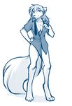  2018 anthro barefoot bottomless breasts canine cleavage clothed clothing digitigrade female hand_on_hip hi_res keidran mammal monochrome natani necktie open_shirt partially_clothed seductive simple_background sketch smile solo tom_fischbach twokinds webcomic white_background wolf 