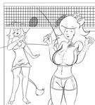  2018 anthro badminton badminton_racket barefoot beth_(sailoranna) big_breasts bovine breasts cat cattle clothing cosplay crown dress duo feline female gloves hair hi_res holding_object long_hair mammal mario_bros monochrome navel nintendo open_mouth princess_daisy princess_peach sailoranna shorts shuttlecock surprise tali video_games 