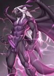  absurd_res alanscampos anthro athletic balls black_scales claws countershading dragon hair hi_res horn invalid_tag looking_at_viewer male nude penis purple_scales scales solo standing vein white_hair wings 