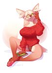  2018 anthro barefoot big_breasts book breasts canine clothed clothing digital_media_(artwork) digitigrade eyewear female fox glasses kyander mammal panties simple_background sitting solo sweater underwear yellow_eyes 