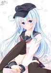  blue_eyes blue_hair blush hat hibiki_(kantai_collection) kantai_collection long_hair personfication seifuki skirt 