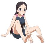  arm_support bangs barefoot bike_shorts black_hair blue_eyes blush breasts collarbone feet glasses hair_ornament hairclip large_breasts long_hair looking_at_viewer midriff saitou_kaede_(yama_no_susume) simple_background smile soles solo sports_bra swept_bangs tat_(artist) toe_scrunch white_background yama_no_susume 