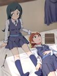  against_wall barbara_parker bed bed_sheet bedroom black_eyes black_hair book breasts brown_eyes hair_ribbon hand_on_another's_head hand_on_another's_leg hand_on_own_chest hanna_england highres little_witch_academia long_hair looking_to_the_side luna_nova_school_uniform lying multiple_girls navy_blue_legwear no_shoes non-web_source on_bed oshiza petting pleated_skirt ponytail red_hair ribbon school_uniform sitting skirt small_breasts socks wand yellow_ribbon yuri 