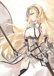  armor armored_dress bad_id bad_pixiv_id bare_shoulders blonde_hair braid breasts capelet chain cleavage commentary eyebrows_visible_through_hair fate/apocrypha fate_(series) flag gauntlets headpiece highres holding jeanne_d'arc_(fate) jeanne_d'arc_(fate)_(all) long_hair marie_mushroom medium_breasts single_braid solo thighhighs very_long_hair 