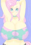  2014 anthro anthrofied big_breasts blue_background blush breasts cleavage clothed clothing equine eyelashes female fladdykin fluttershy_(mlp) friendship_is_magic hair hands_behind_head hi_res horse long_hair mammal my_little_pony navel pink_hair pony simple_background solo 