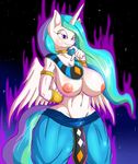  2018 anthro areola beerus big_breasts breasts clothed clothing cosplay digital_media_(artwork) dragon_ball dragon_ball_super ear_piercing equine female friendship_is_magic hair half-closed_eyes hand_behind_back hi_res horn long_hair mammal multicolored_hair multicolored_tail my_little_pony navel nipples piercing princess_celestia_(mlp) smile solo suirano topless winged_unicorn wings 