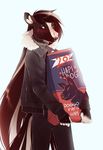  &lt;3 anthro black_eyes blush brown_fur brown_hair clothed clothing dog_food edit equine frenky_hw fur hair highlights holding_object hood horse jacket jaime_(frenky_hw) long_hair male mammal pants simple_background solo sweat white_background white_fur zipper 