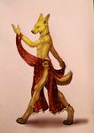  2018 amon anthro canine clothed clothing collar crossdressing digital_media_(artwork) ear_piercing fur golden_jackal jackal jewelry looking_at_viewer male mammal metal_collar piercing red_lantern sellon simple_background smile solo standing topless 