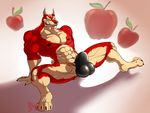  2018 4_toes 5_fingers abs anthro apple biceps black_nose bulge canine clothing digitigrade doberman dog food fruit gloves_(marking) hungothenomster male mammal markings multicolored_skin muscular muscular_male nipples penis_outline red_skin sharp_teeth simple_background skrap socks_(marking) solo spread_legs spreading tan_skin teeth tight_underwear toes two_tone_skin underwear 